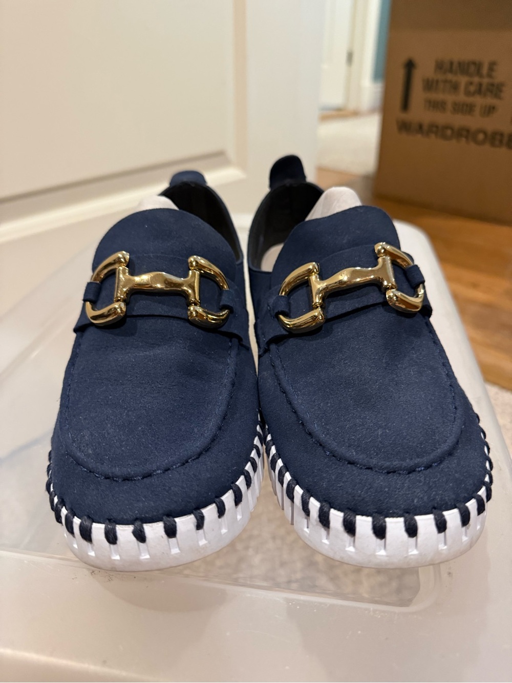 Ilse Jacobsen Navy Suede Slip-Ons with Gold Horsebit. Size 40. 8.5
